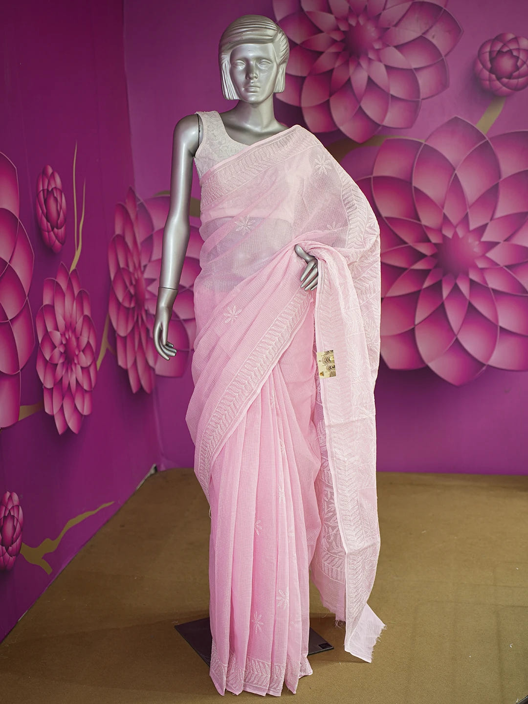 Ada Hand Embroidered Pink Kota Lucknowi Chikankari Saree With Blouse 01A590624