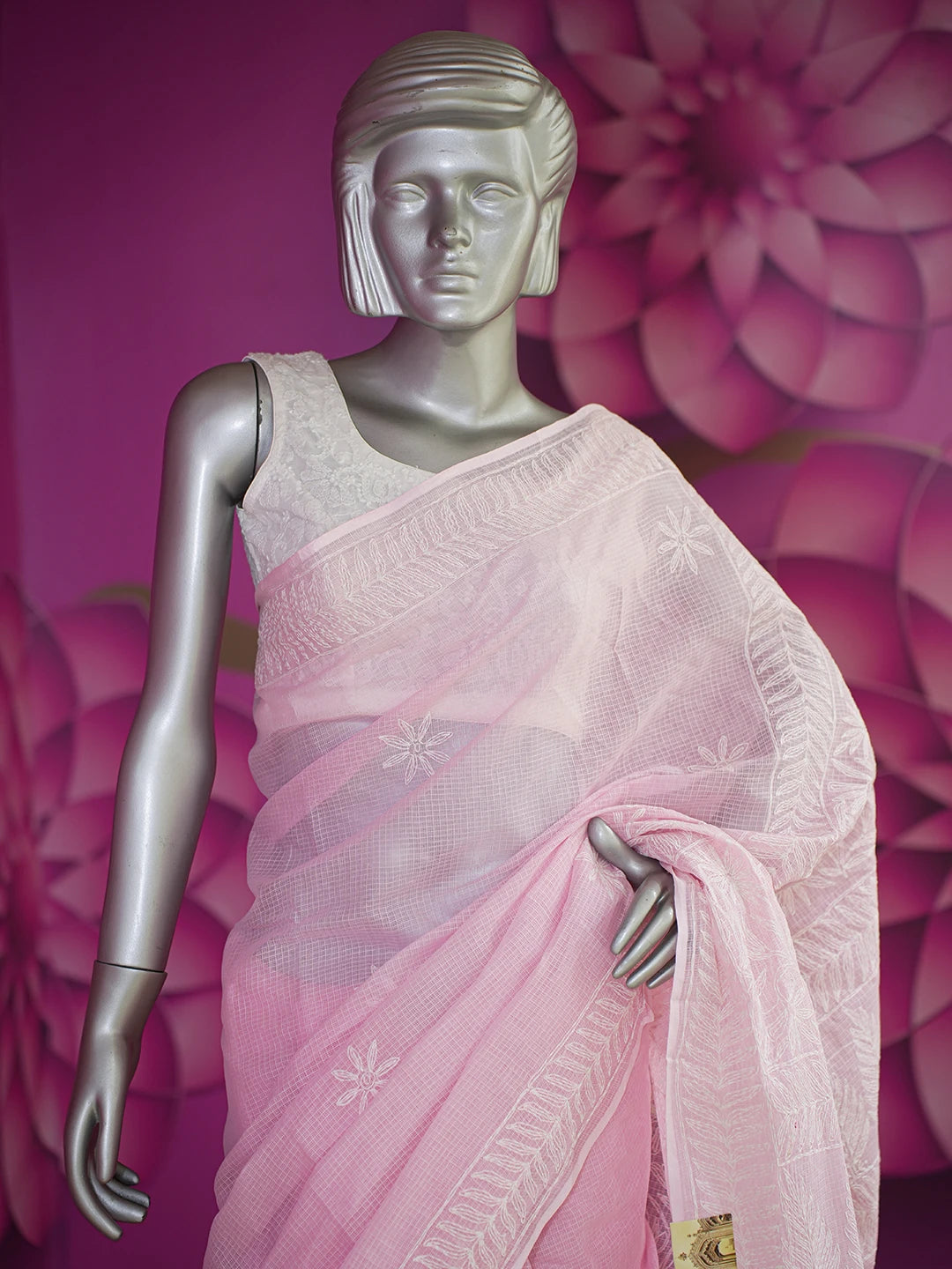 Ada Hand Embroidered Pink Kota Lucknowi Chikankari Saree With Blouse 01A590624