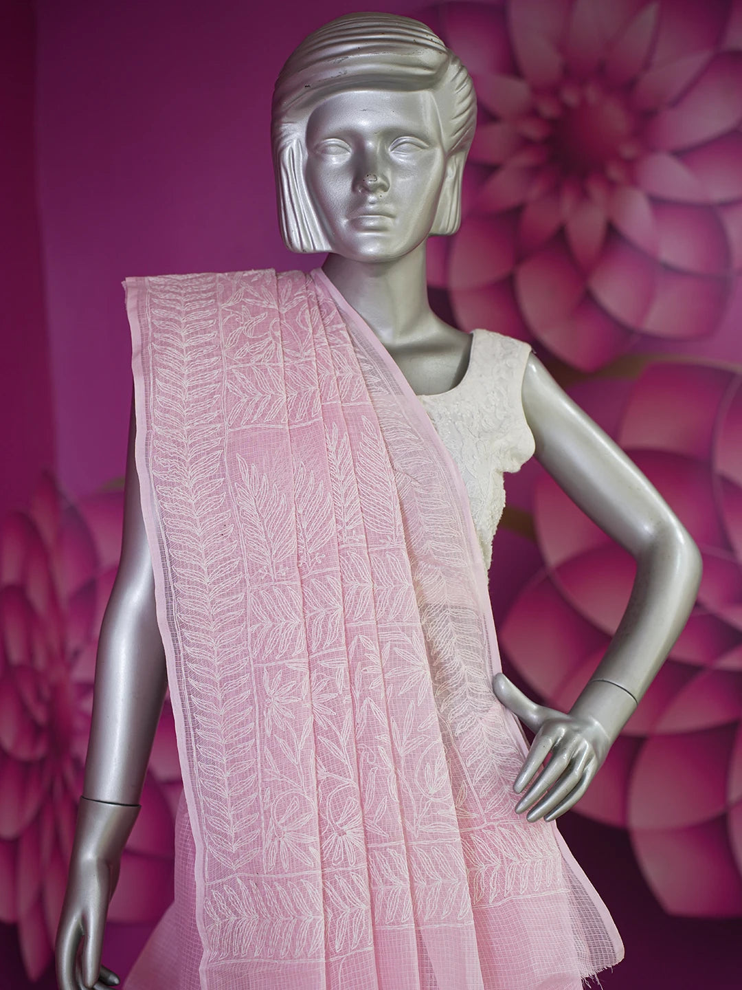 Ada Hand Embroidered Pink Kota Lucknowi Chikankari Saree With Blouse 01A590624