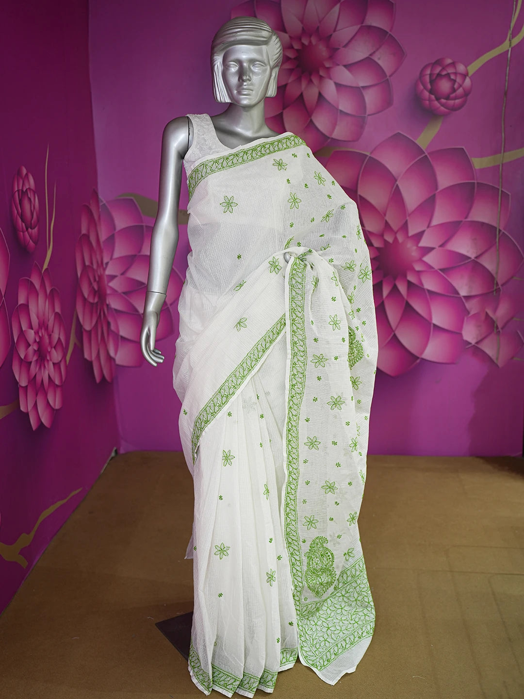 Ada Hand Embroidered White Kota Lucknowi Chikankari Saree With Blouse 01A652796