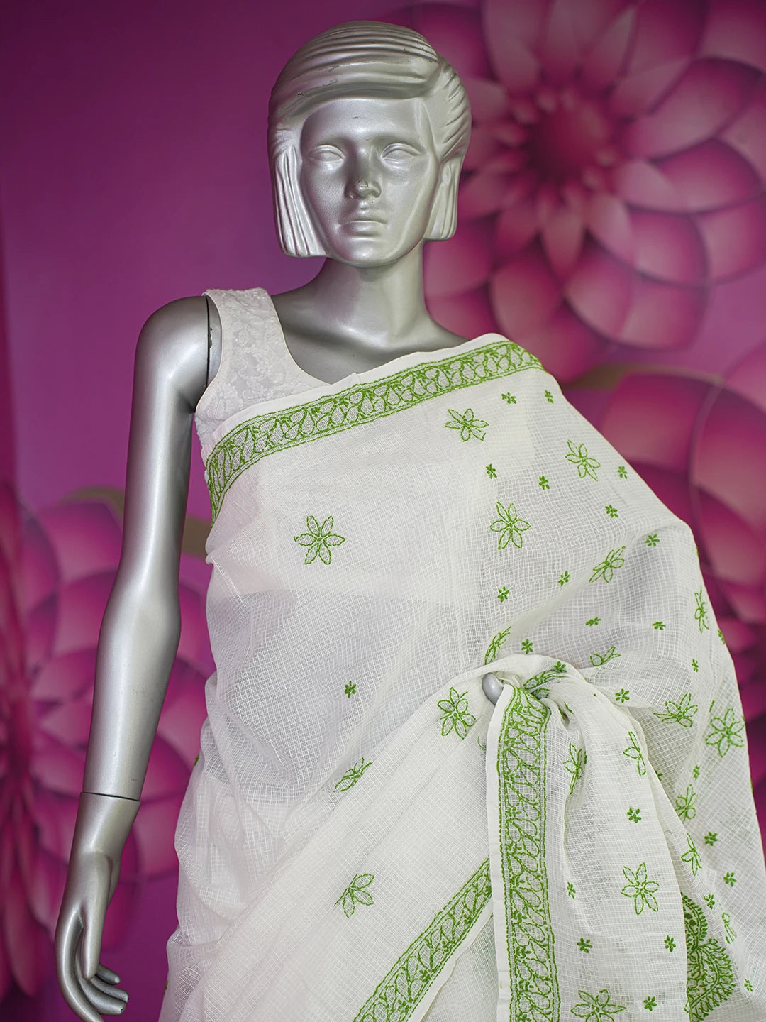 Ada Hand Embroidered White Kota Lucknowi Chikankari Saree With Blouse 01A652796