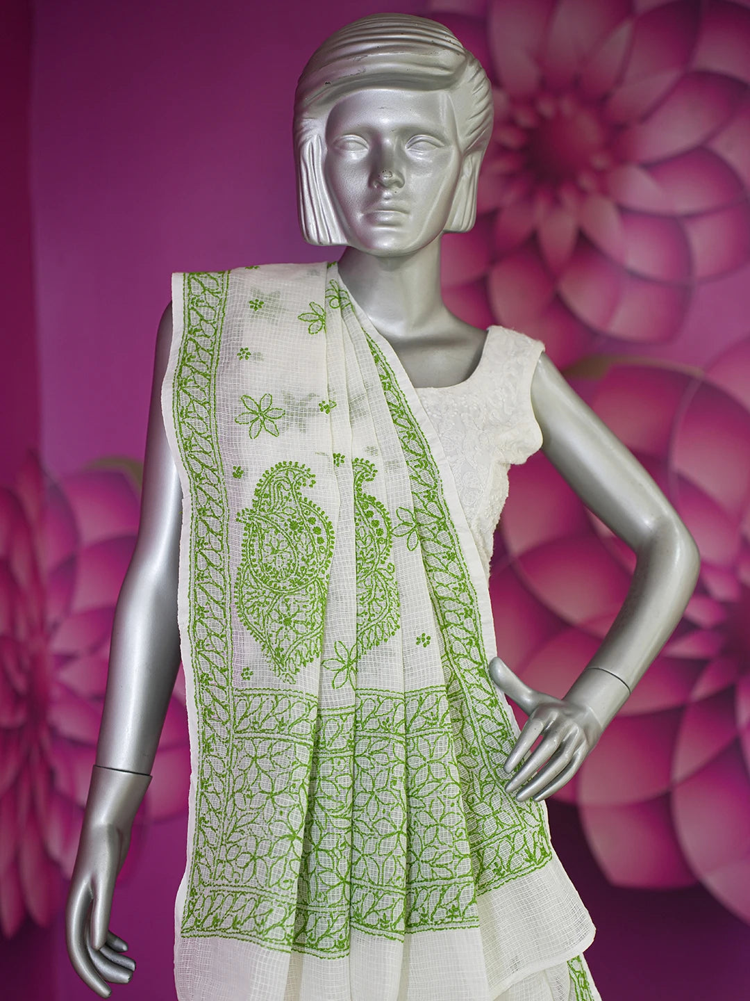 Ada Hand Embroidered White Kota Lucknowi Chikankari Saree With Blouse 01A652796