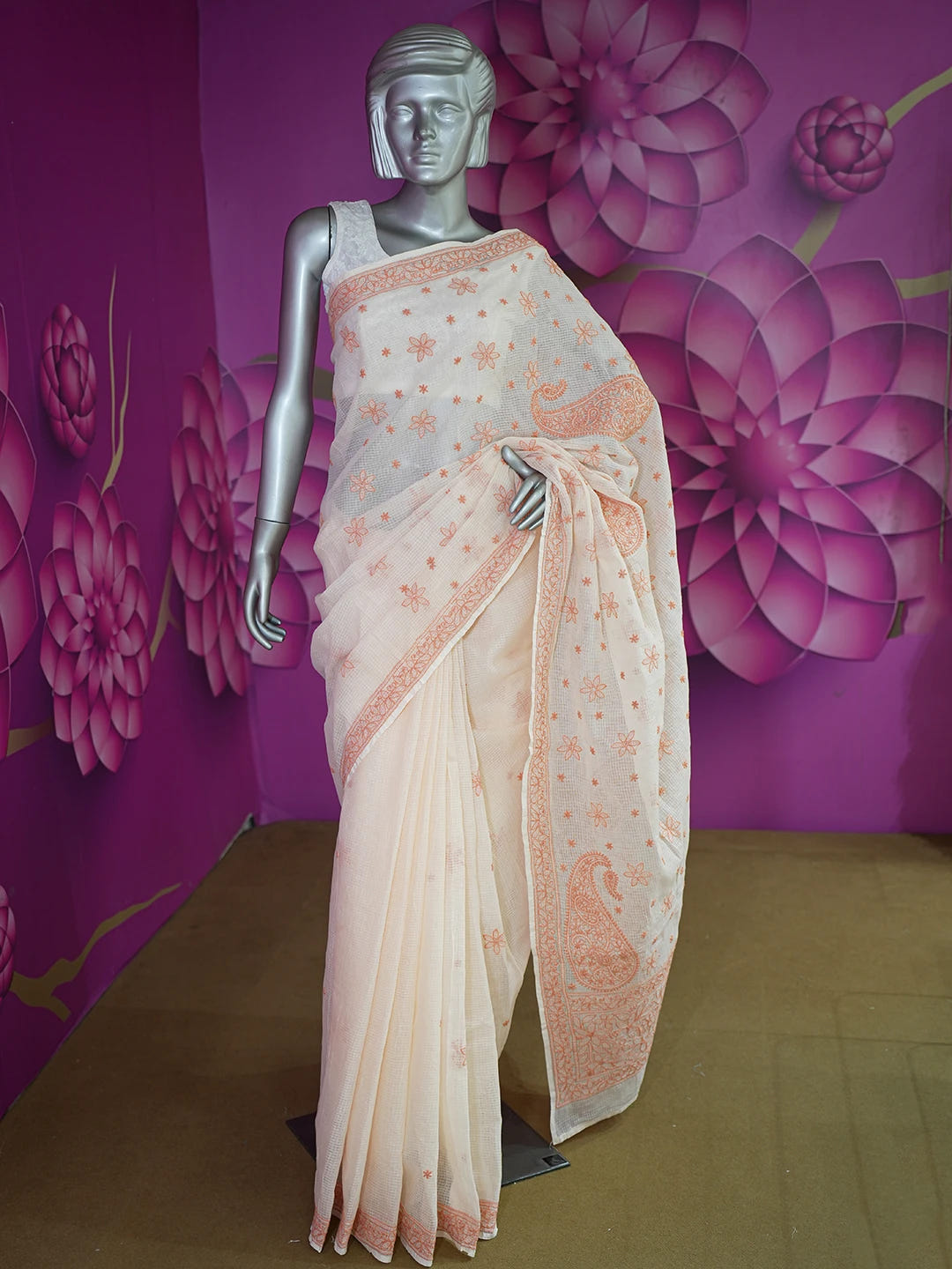 Ada Hand Embroidered Peach Kota Lucknowi Chikankari Saree With Blouse 01A652817