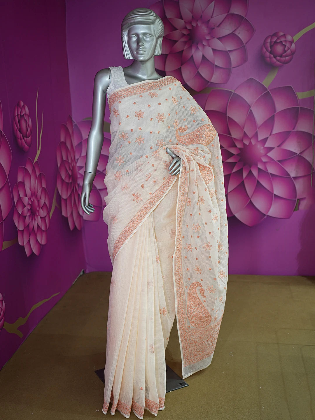 Ada Hand Embroidered Peach Kota Lucknowi Chikankari Saree With Blouse 01A652817