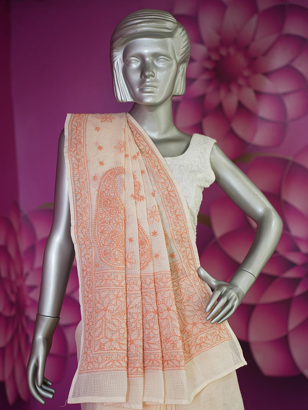 Ada Hand Embroidered Peach Kota Lucknowi Chikankari Saree With Blouse 01A652817