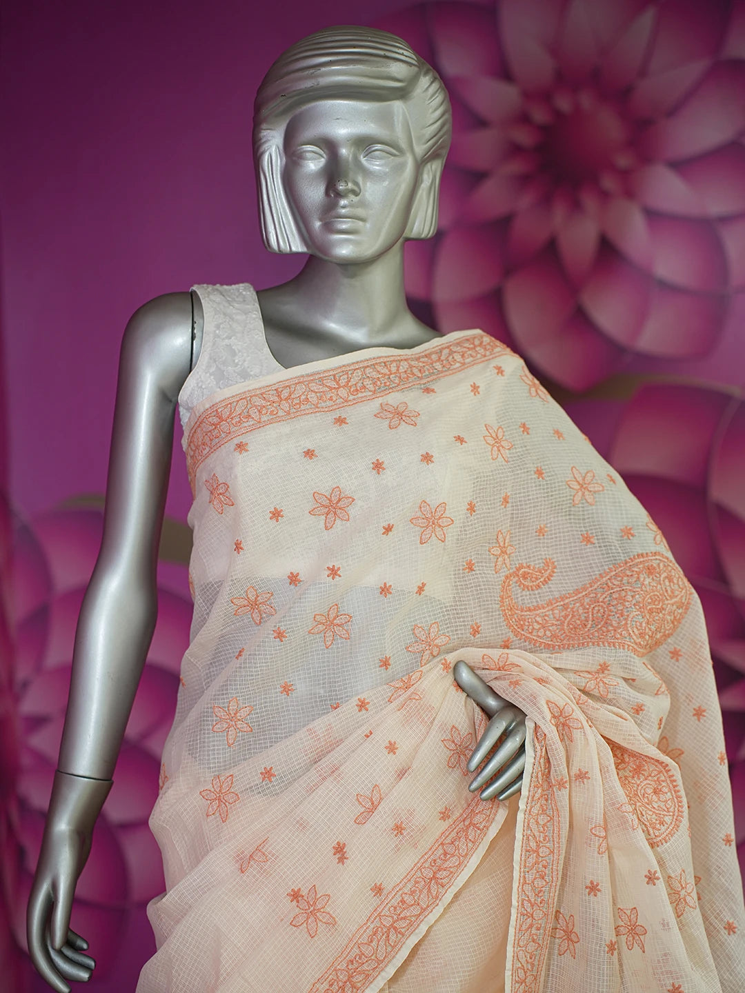 Ada Hand Embroidered Peach Kota Lucknowi Chikankari Saree With Blouse 01A652817