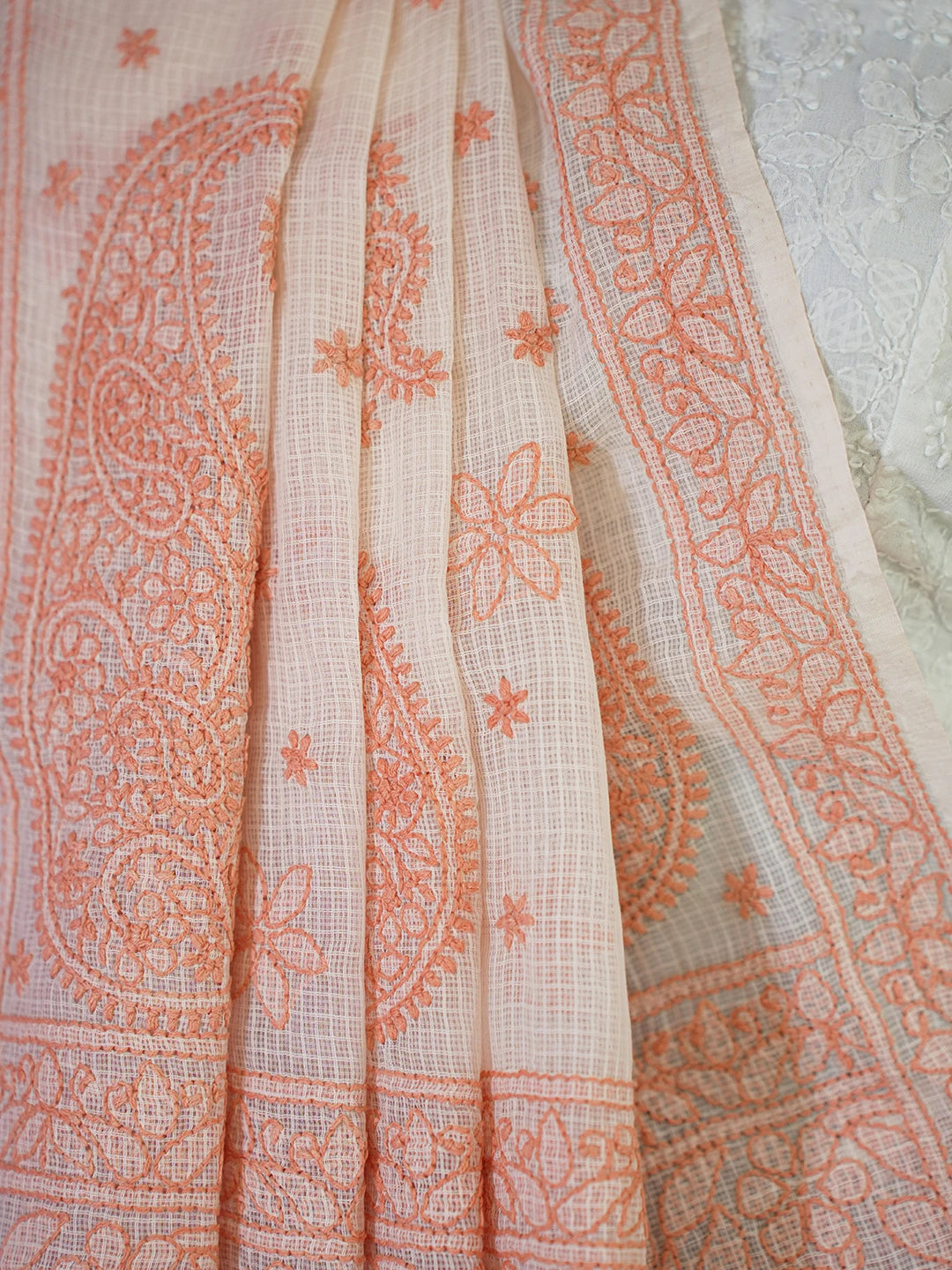 Ada Hand Embroidered Peach Kota Lucknowi Chikankari Saree With Blouse 01A652817