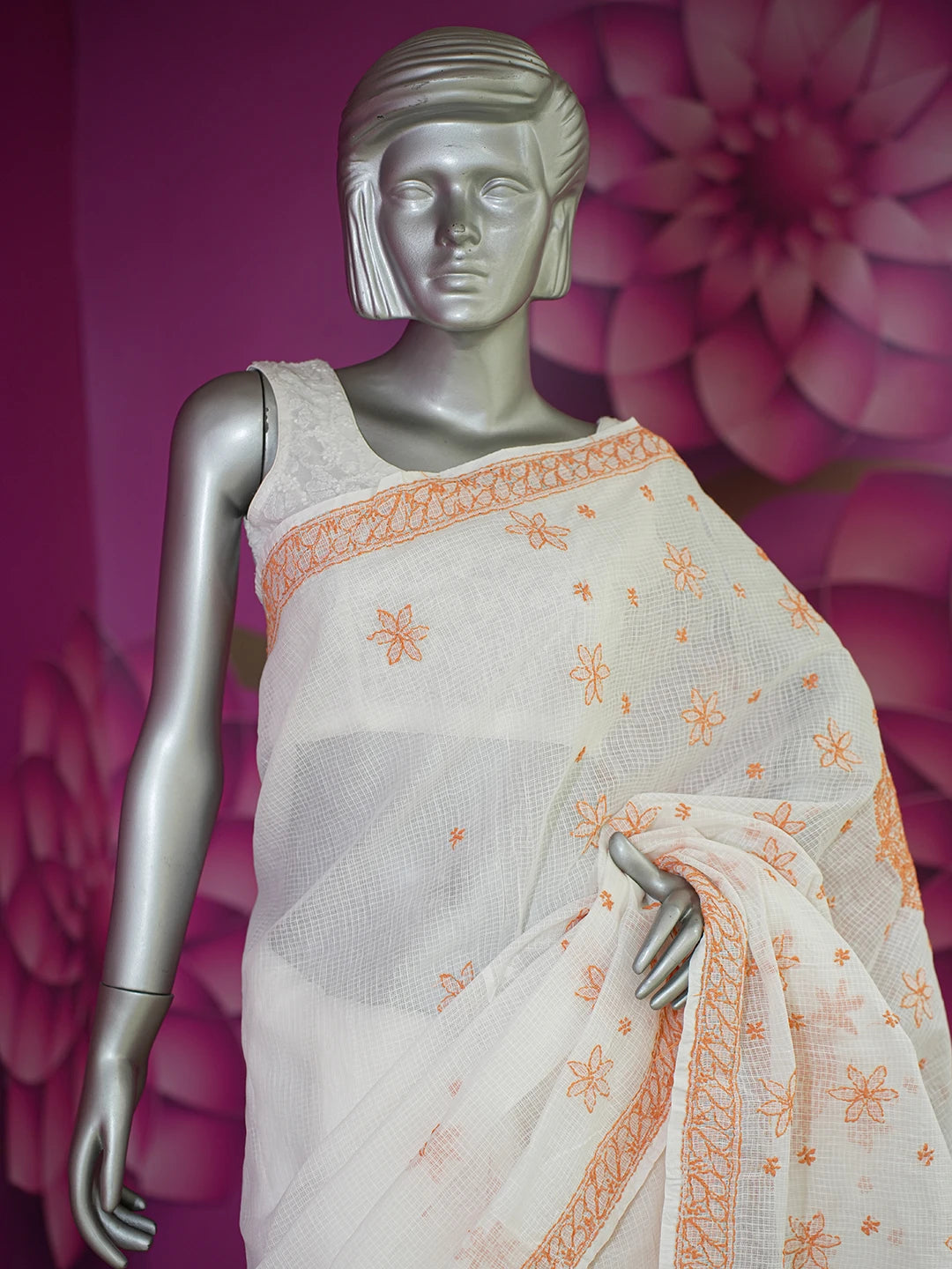 Ada Hand Embroidered White Kota Lucknowi Chikankari Saree With Blouse 01A652806