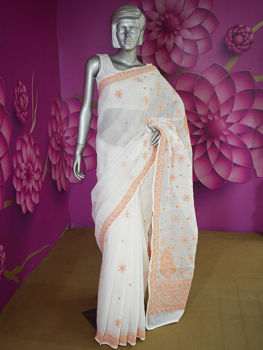 Ada Hand Embroidered White Kota Lucknowi Chikankari Saree With Blouse 01A652806