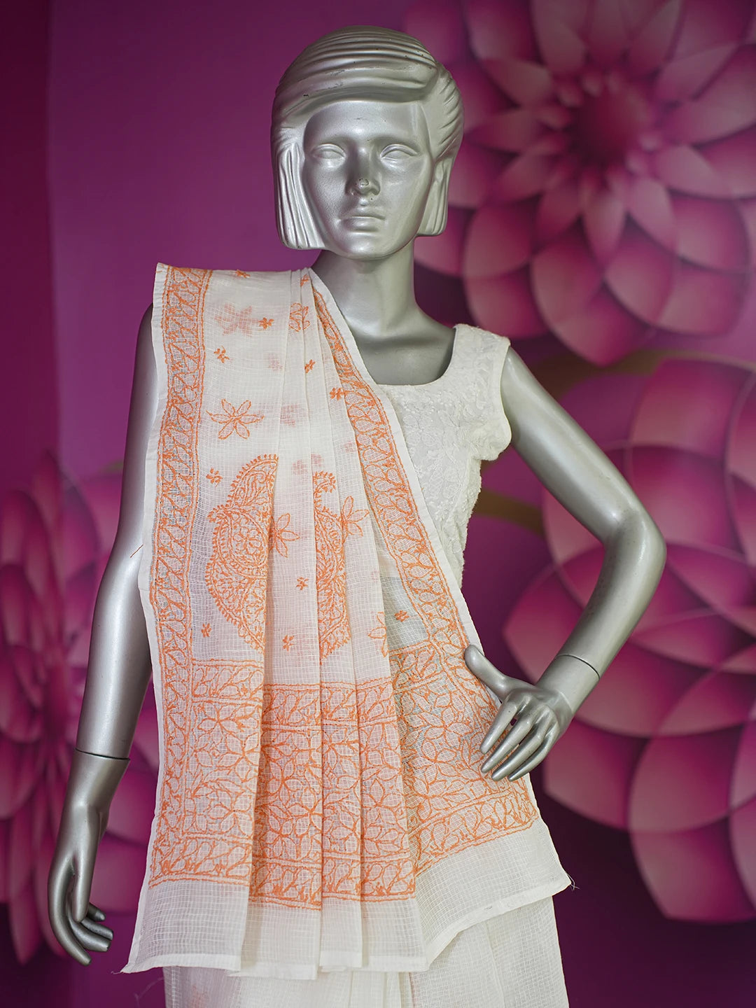 Ada Hand Embroidered White Kota Lucknowi Chikankari Saree With Blouse 01A652806