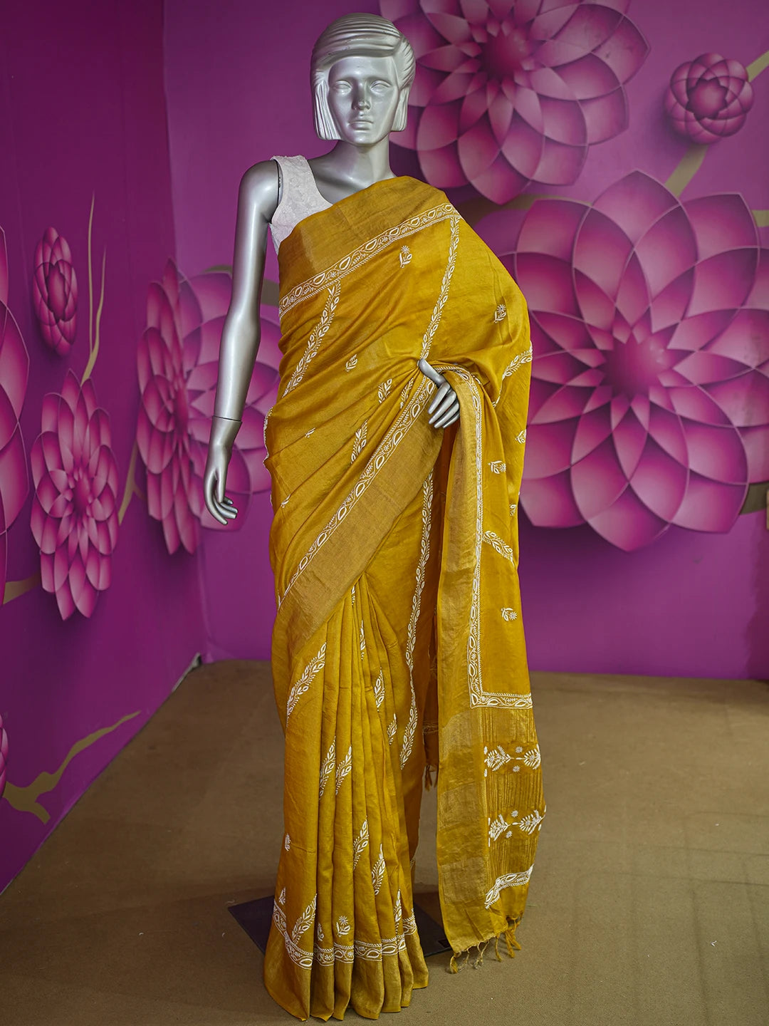 Ada Hand Embroidered Mustard Silk Lucknowi Chikankari Saree With Blouse 01A494604