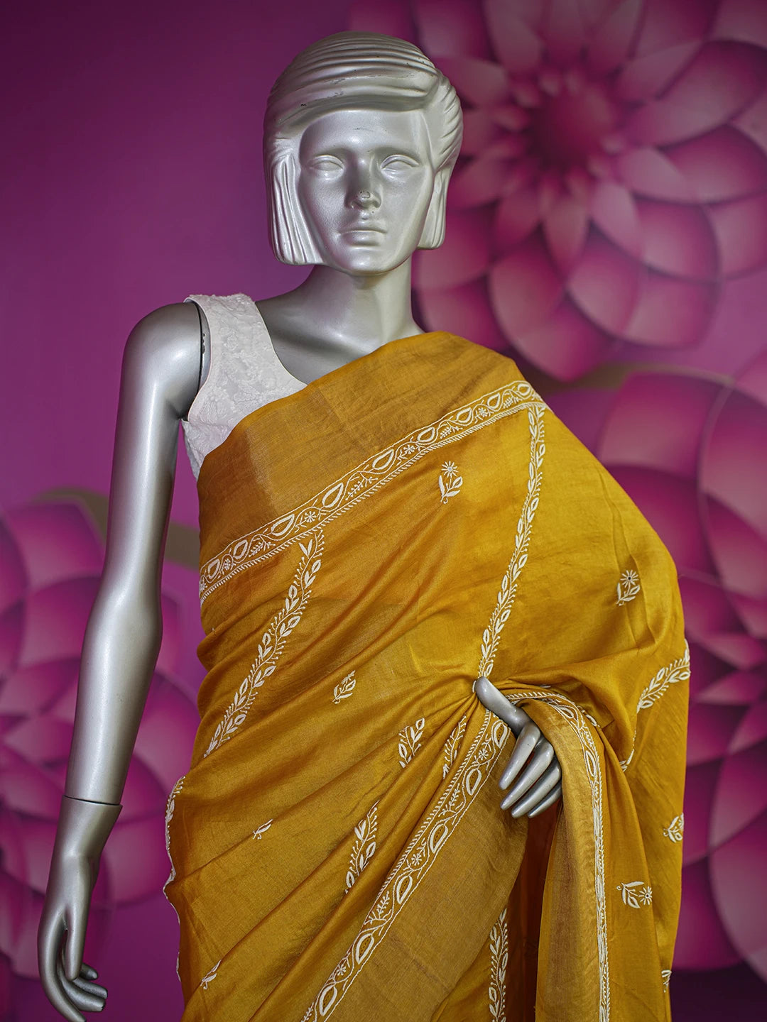 Ada Hand Embroidered Mustard Silk Lucknowi Chikankari Saree With Blouse 01A494604