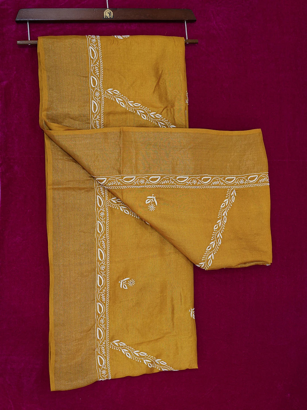 Ada Hand Embroidered Mustard Silk Lucknowi Chikankari Saree With Blouse 01A494604