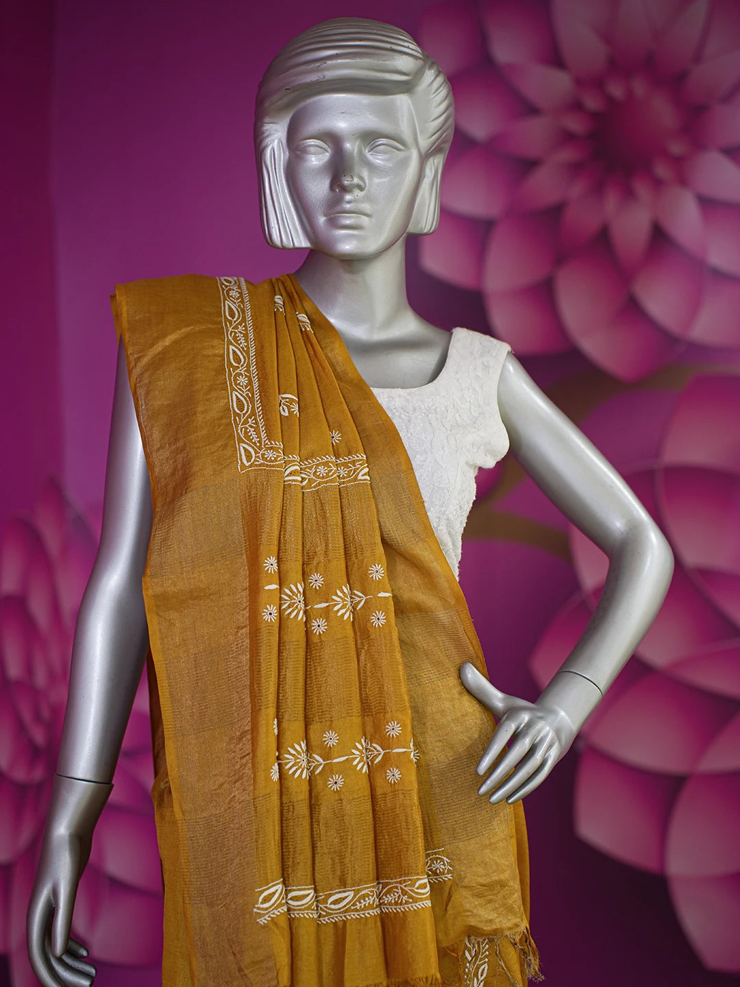 Ada Hand Embroidered Mustard Silk Lucknowi Chikankari Saree With Blouse 01A494604