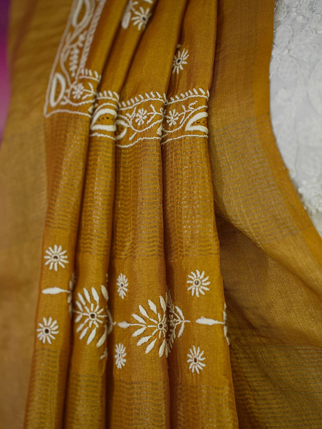 Ada Hand Embroidered Mustard Silk Lucknowi Chikankari Saree With Blouse 01A494604