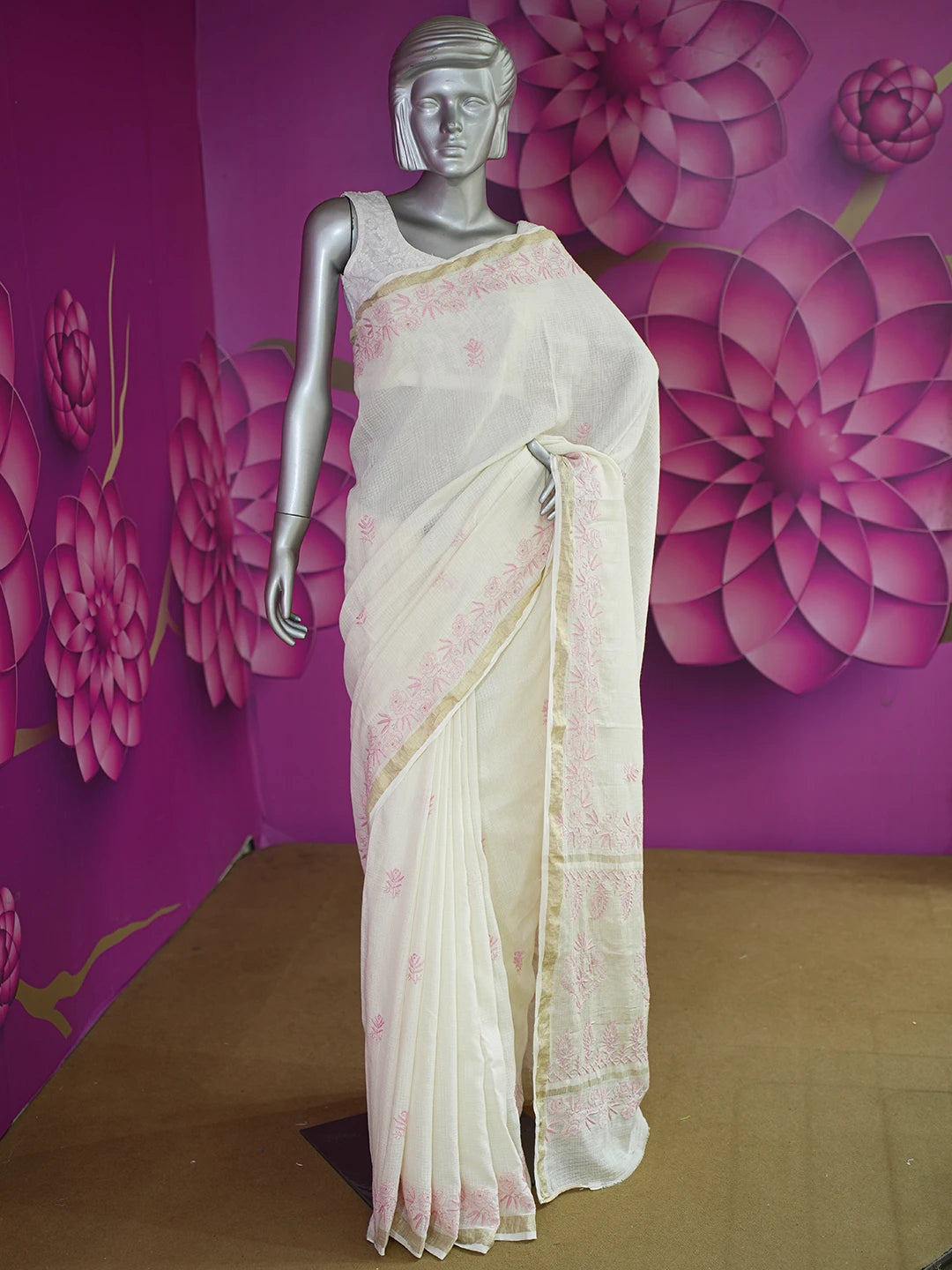 Ada Hand Embroidered Fawn Kota Moonga Lucknowi Chikankari Saree With Blouse 01A646816