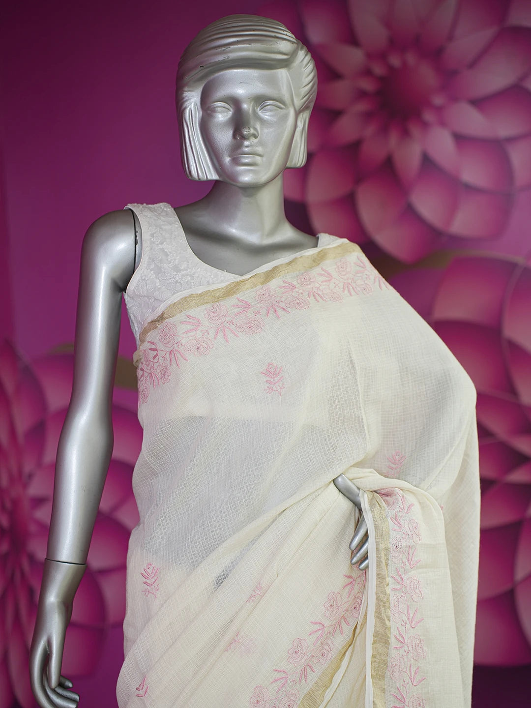 Ada Hand Embroidered Fawn Kota Moonga Lucknowi Chikankari Saree With Blouse 01A646816