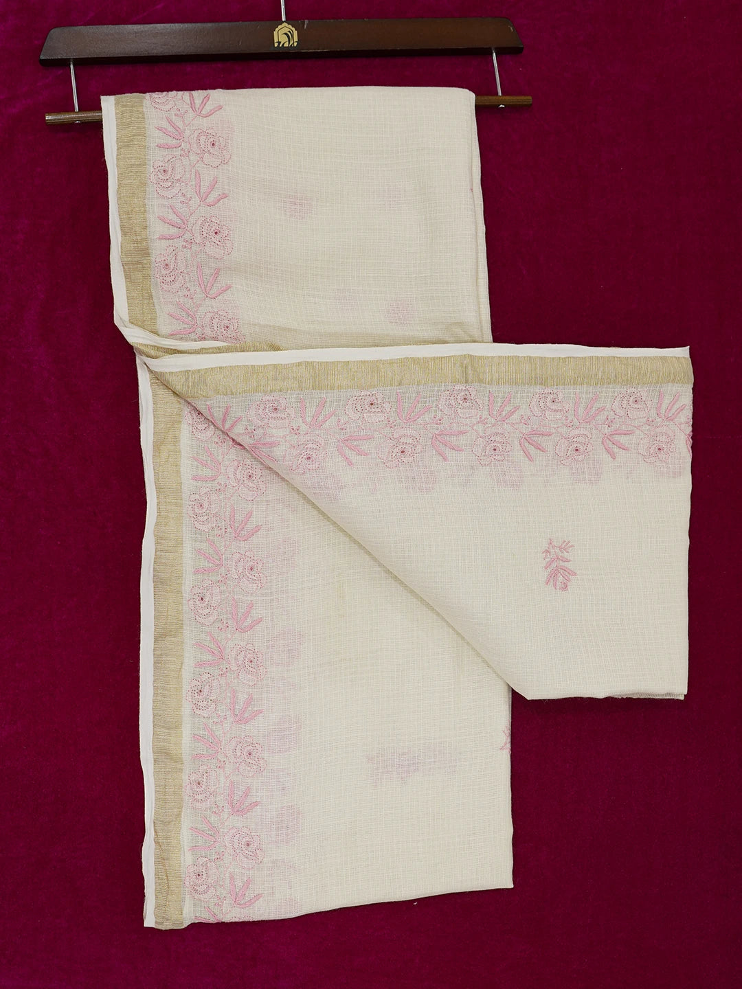 Ada Hand Embroidered Fawn Kota Moonga Lucknowi Chikankari Saree With Blouse 01A646816