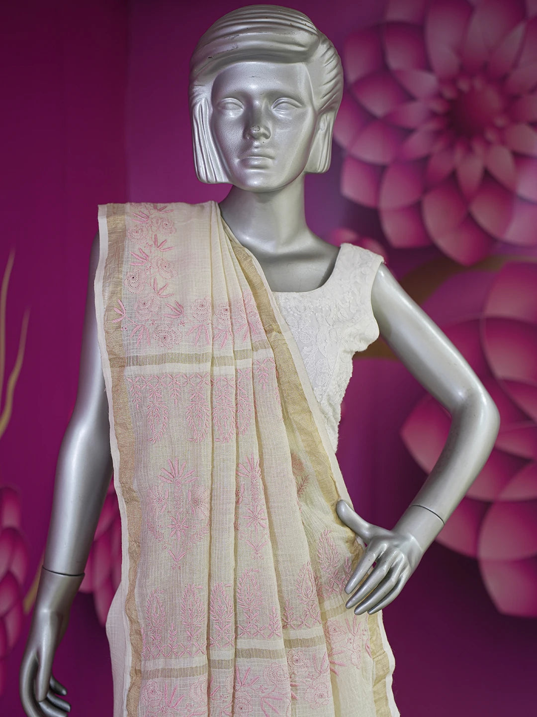 Ada Hand Embroidered Fawn Kota Moonga Lucknowi Chikankari Saree With Blouse 01A646816