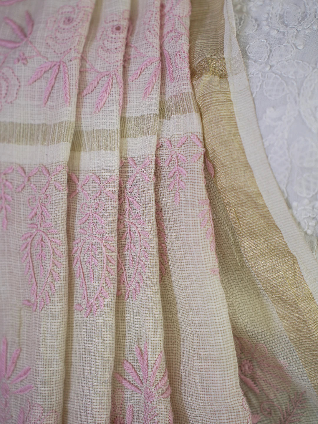 Ada Hand Embroidered Fawn Kota Moonga Lucknowi Chikankari Saree With Blouse 01A646816