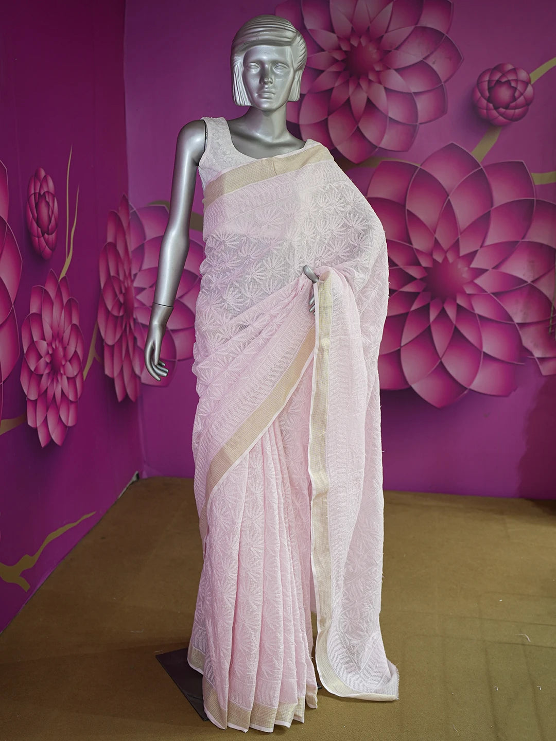 Ada Hand Embroidered Carnation Pink Kota Lucknowi Chikankari Saree With Blouse 01A525469