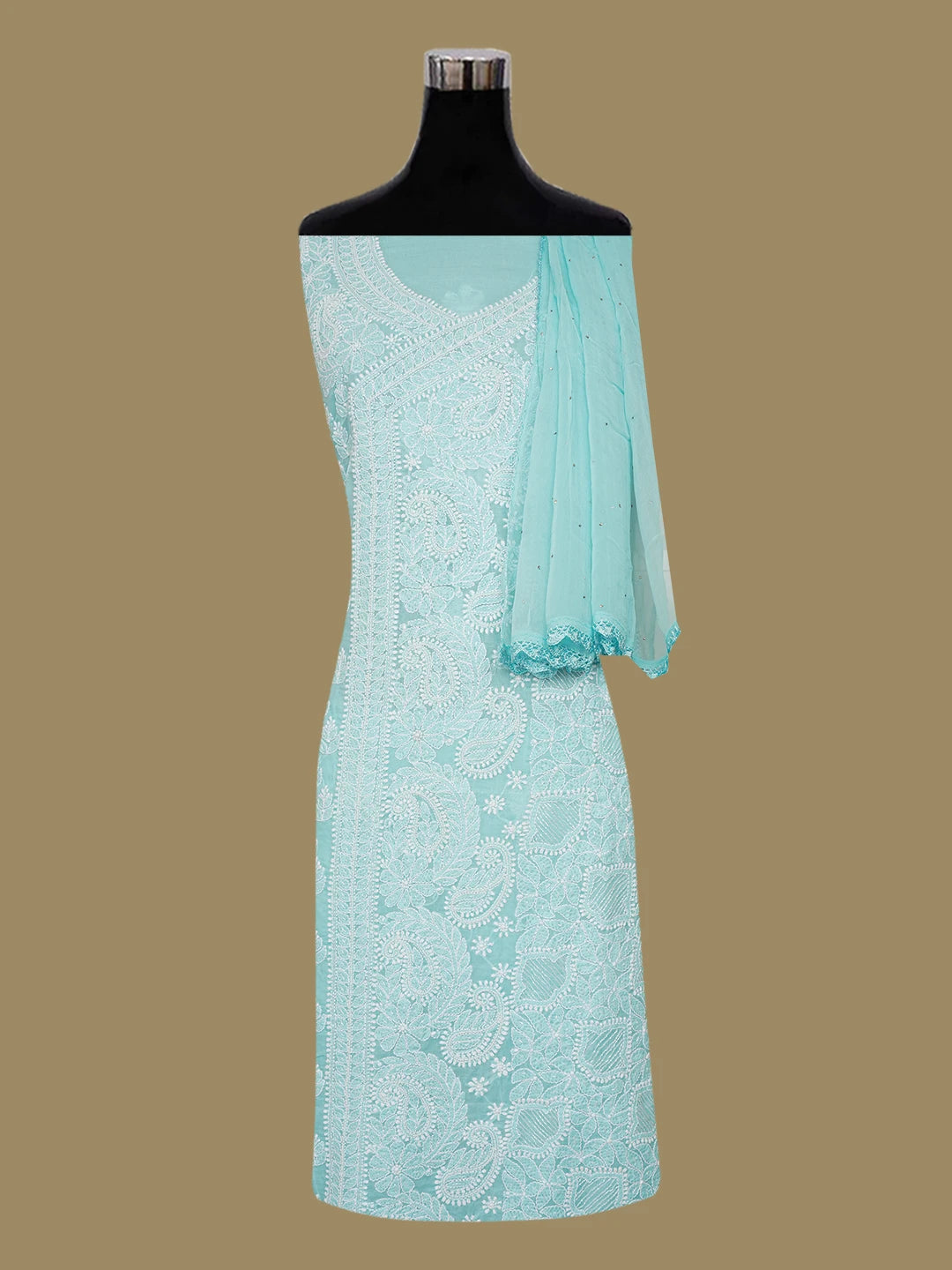 Ada Hand Embroidered Blue Cotton Lucknowi Chikankari Unstitched Suit Piece With Cutdana Work 01A651284