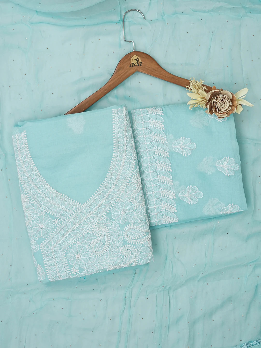 Ada Hand Embroidered Blue Cotton Lucknowi Chikankari Unstitched Suit Piece With Cutdana Work 01A651284