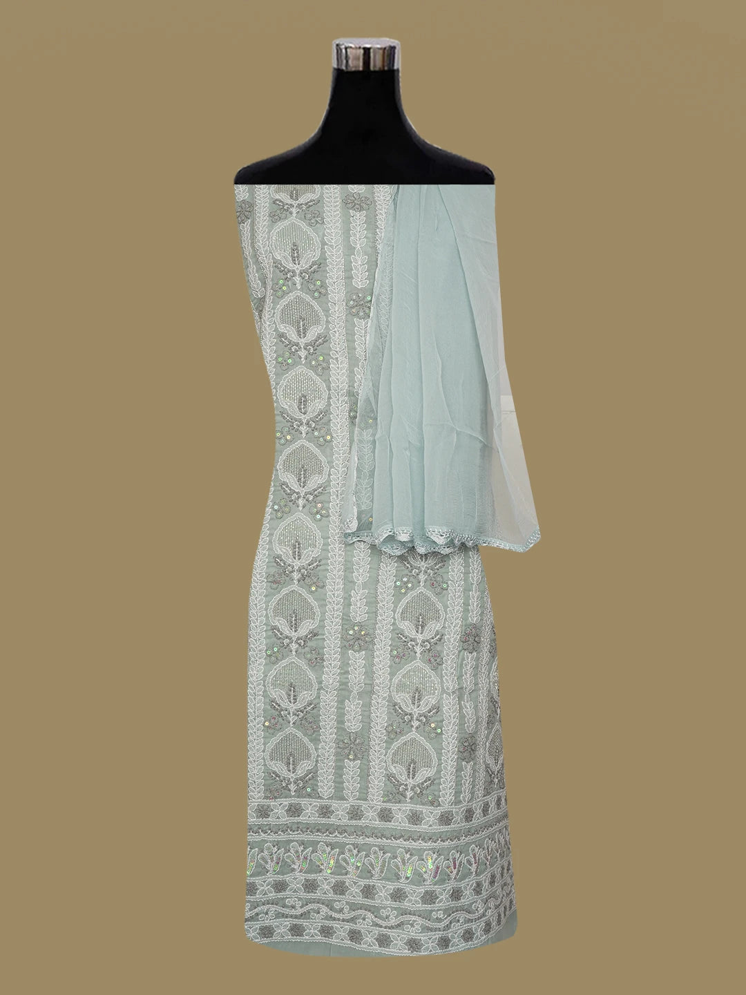 Ada Hand Embroidered Grey Cotton Lucknowi Chikankari Unstitched Suit Piece With Cutdana Work 01A651565