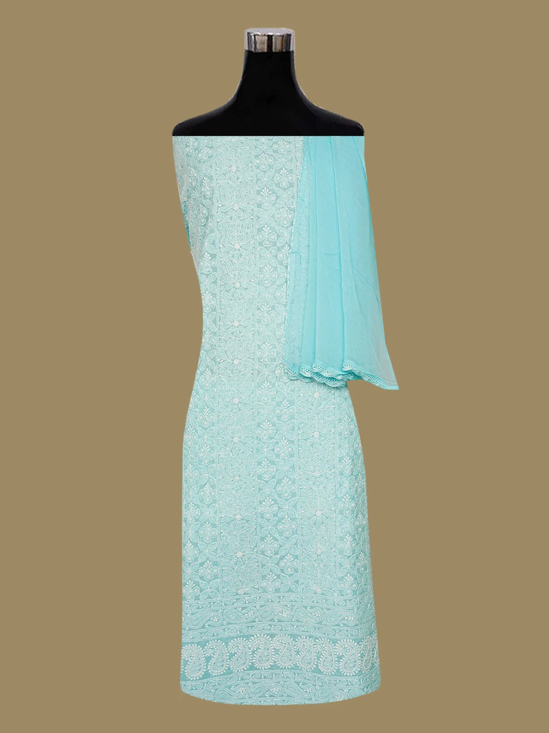 Ada Hand Embroidered Sky Blue Cotton Lucknowi Chikankari Unstitched Suit Piece With Cutdana Work 01A651292