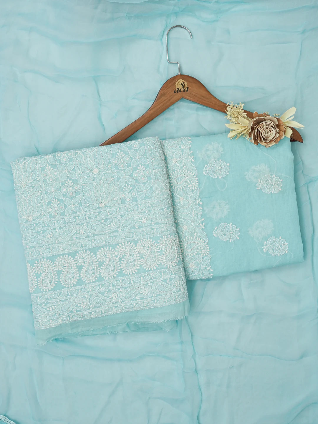 Ada Hand Embroidered Sky Blue Cotton Lucknowi Chikankari Unstitched Suit Piece With Cutdana Work 01A651292