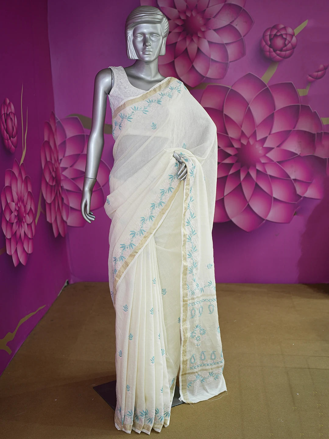 Ada Hand Embroidered Fawn Kota Moonga Lucknowi Chikankari Saree With Blouse 01A646460