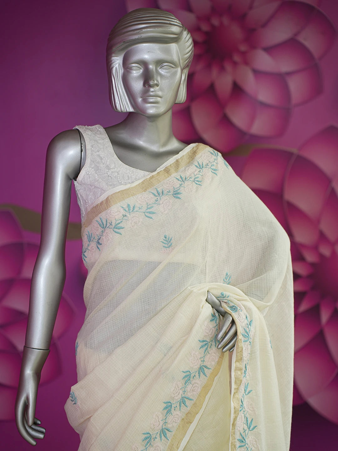 Ada Hand Embroidered Fawn Kota Moonga Lucknowi Chikankari Saree With Blouse 01A646460