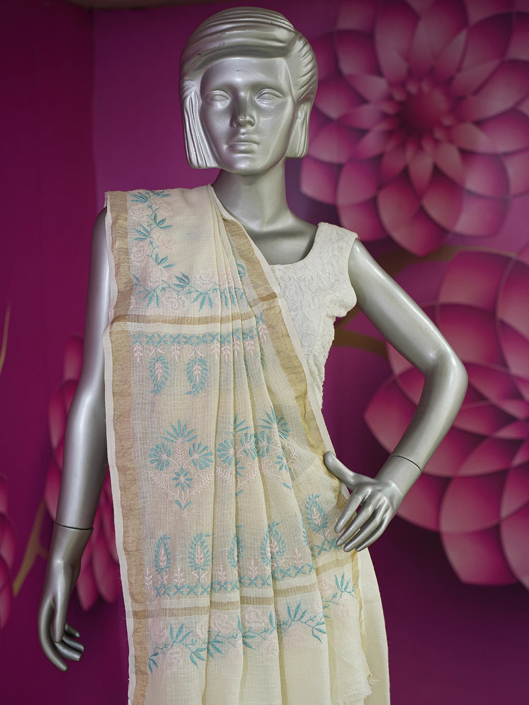 Ada Hand Embroidered Fawn Kota Moonga Lucknowi Chikankari Saree With Blouse 01A646460