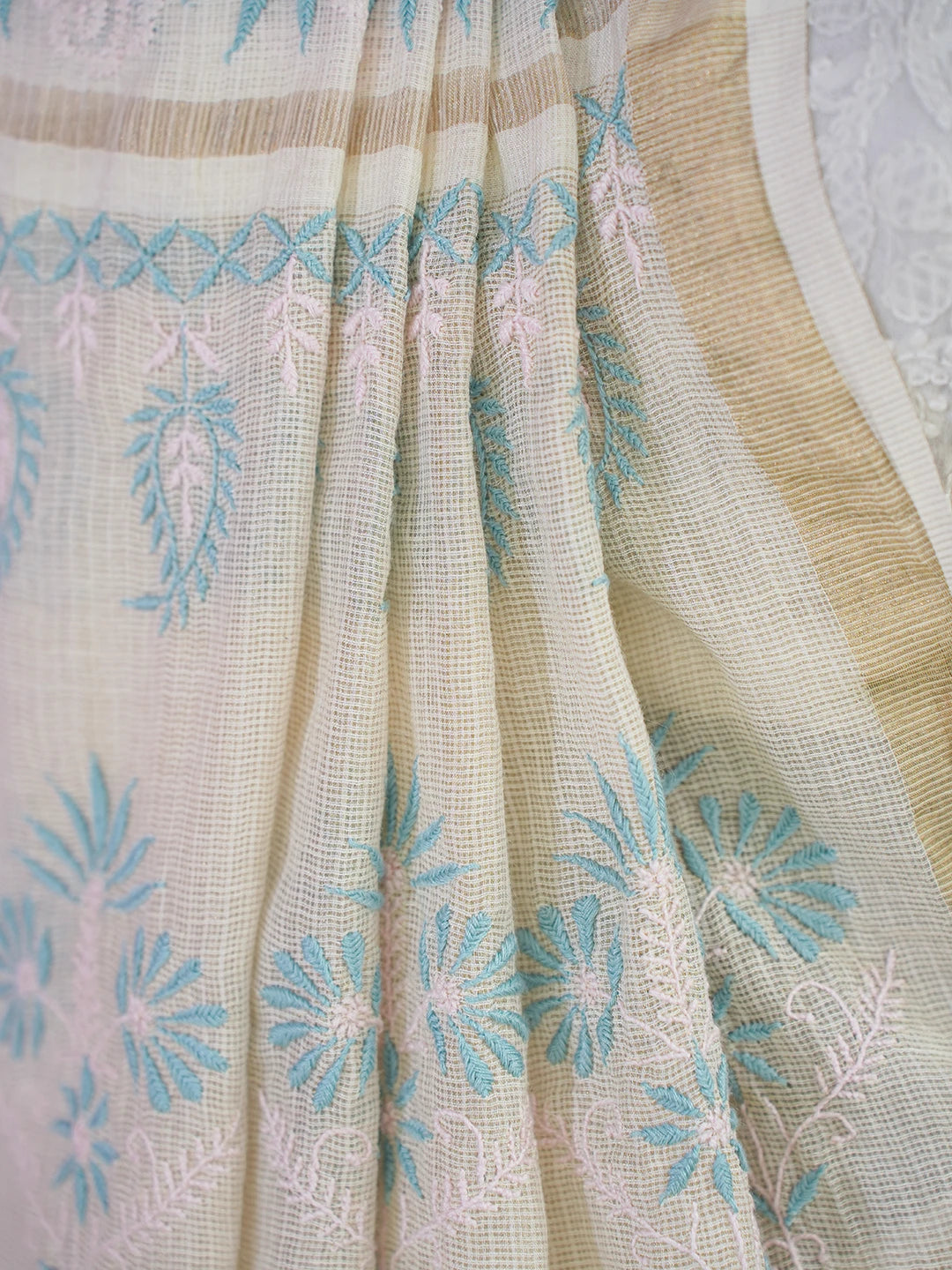 Ada Hand Embroidered Fawn Kota Moonga Lucknowi Chikankari Saree With Blouse 01A646460