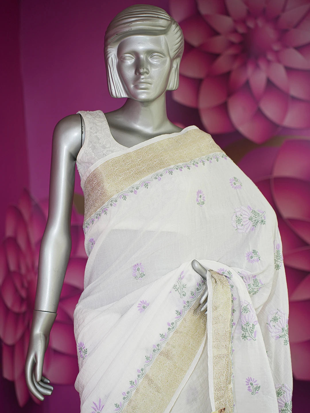 Ada Hand Embroidered White Chanderi Silk Lucknowi Chikankari Saree and Blouse 01A645754