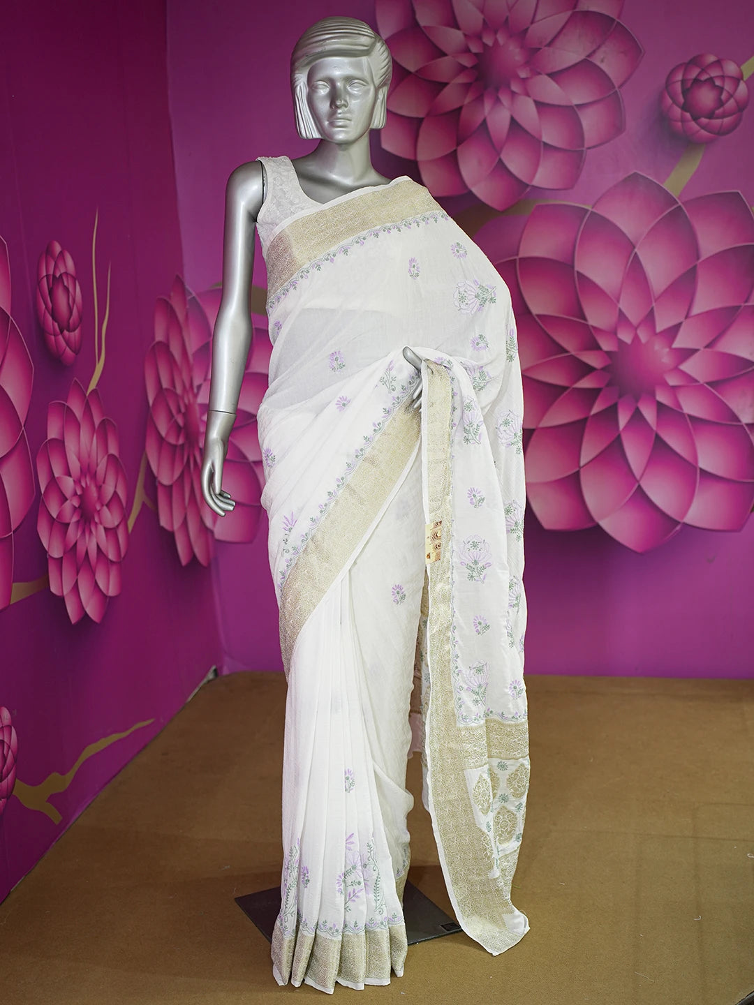 Ada Hand Embroidered White Chanderi Silk Lucknowi Chikankari Saree and Blouse 01A645754