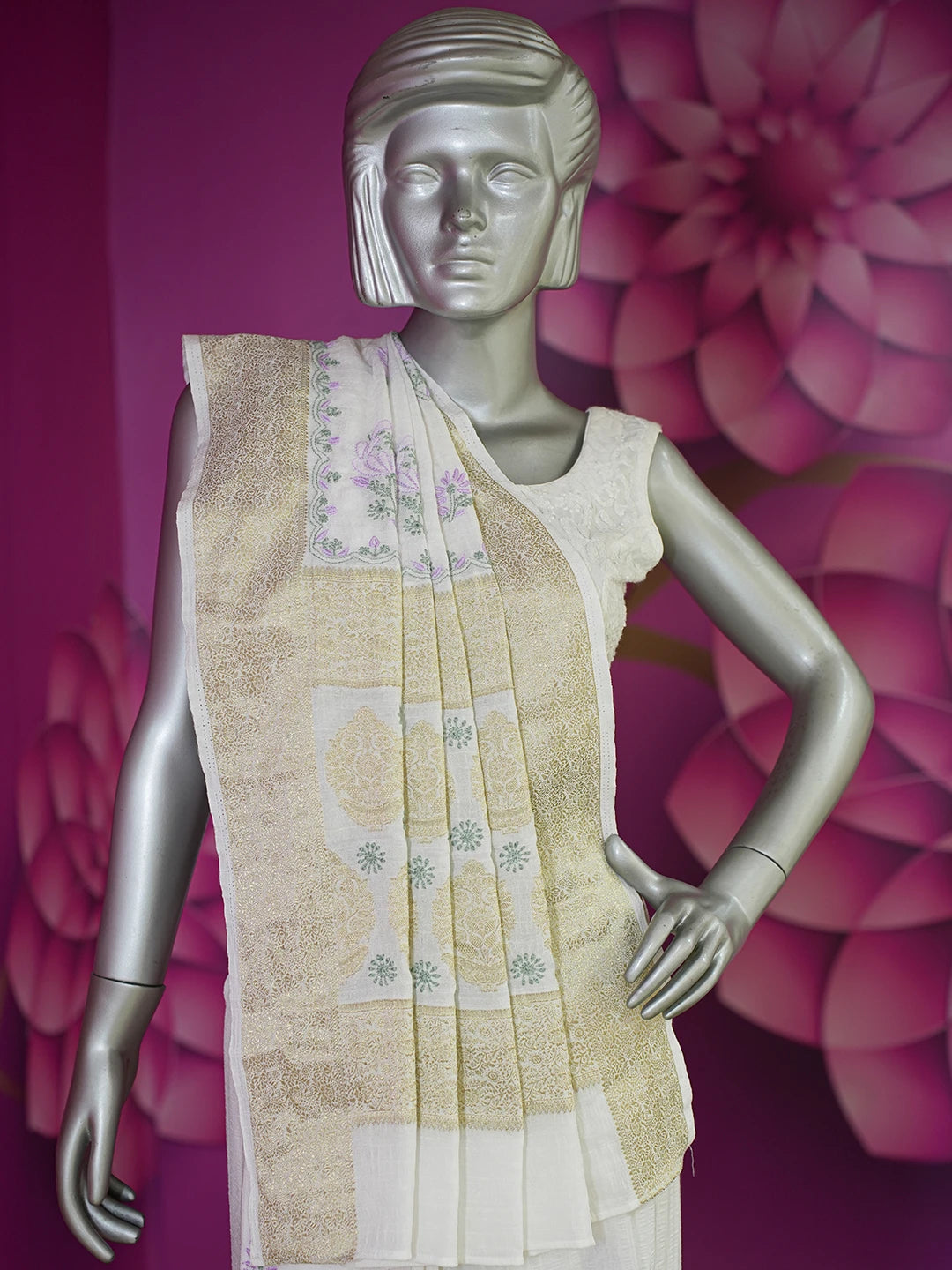 Ada Hand Embroidered White Chanderi Silk Lucknowi Chikankari Saree and Blouse 01A645754
