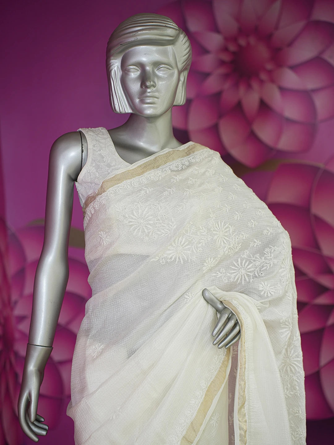 Ada Hand Embroidered White Kota Silk Lucknowi Chikankari Saree With Blouse 01A632499