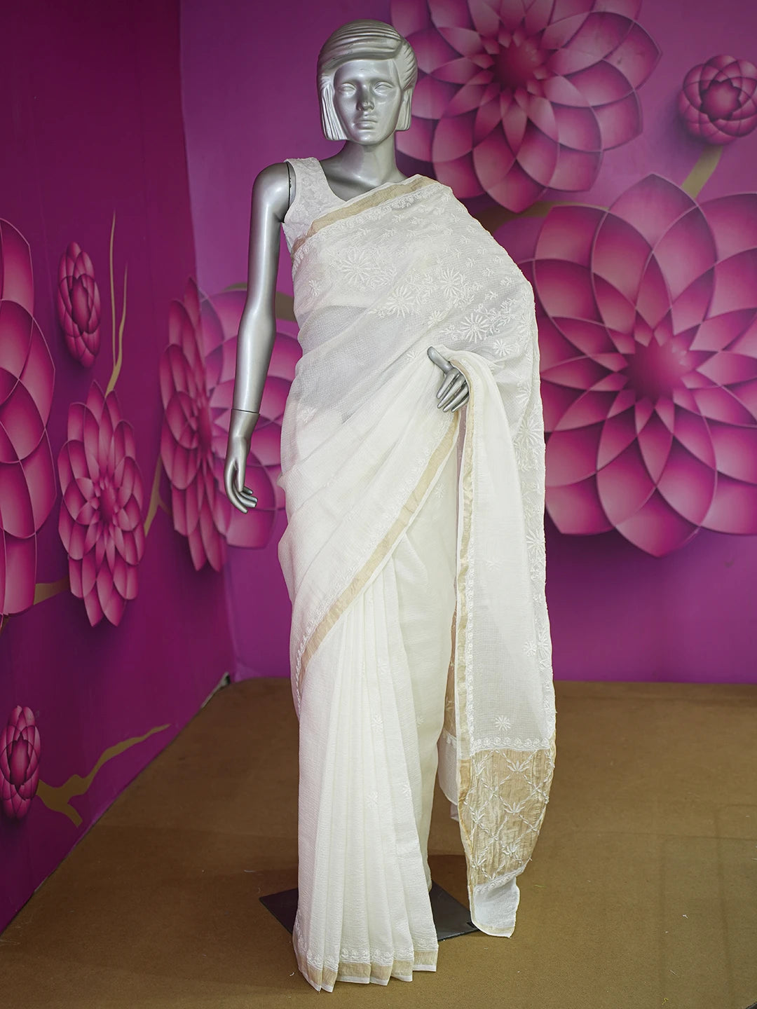 Ada Hand Embroidered White Kota Silk Lucknowi Chikankari Saree With Blouse 01A632499