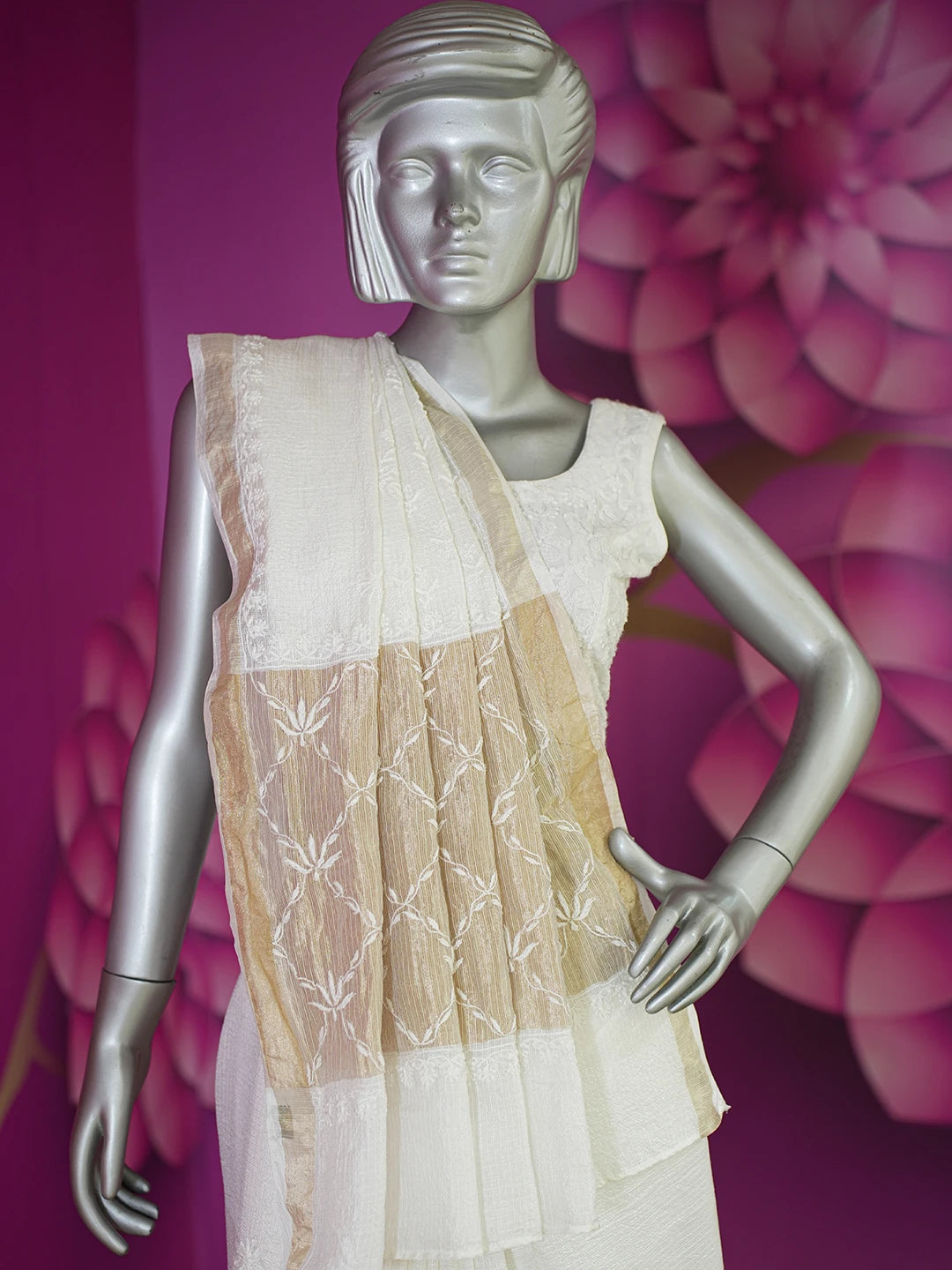 Ada Hand Embroidered White Kota Silk Lucknowi Chikankari Saree With Blouse 01A632499