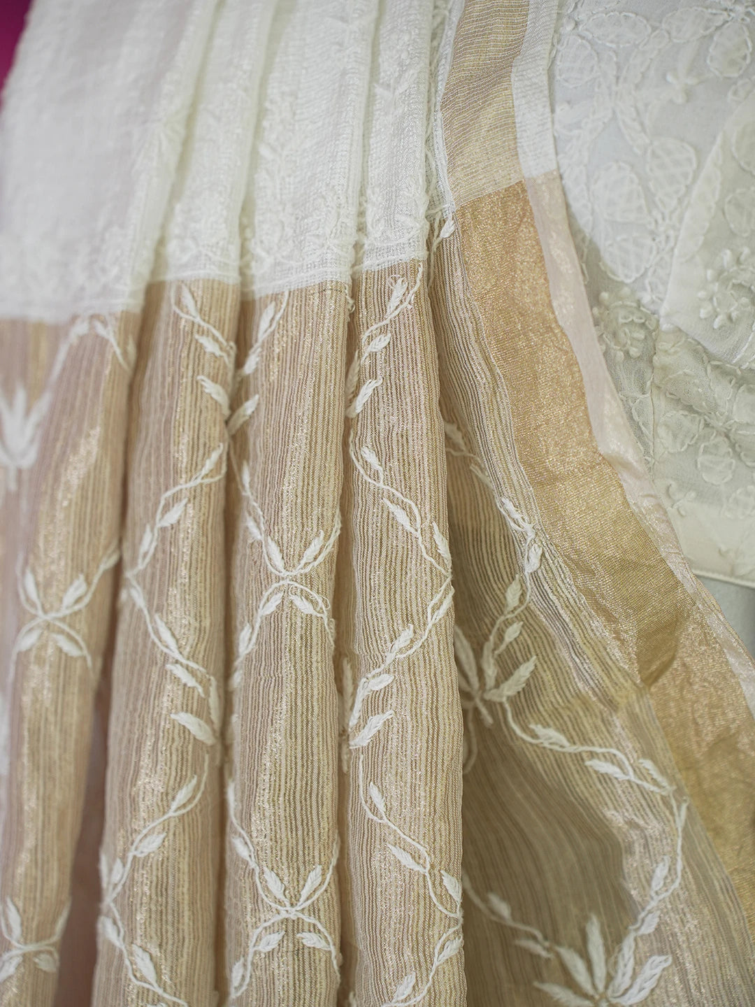 Ada Hand Embroidered White Kota Silk Lucknowi Chikankari Saree With Blouse 01A632499