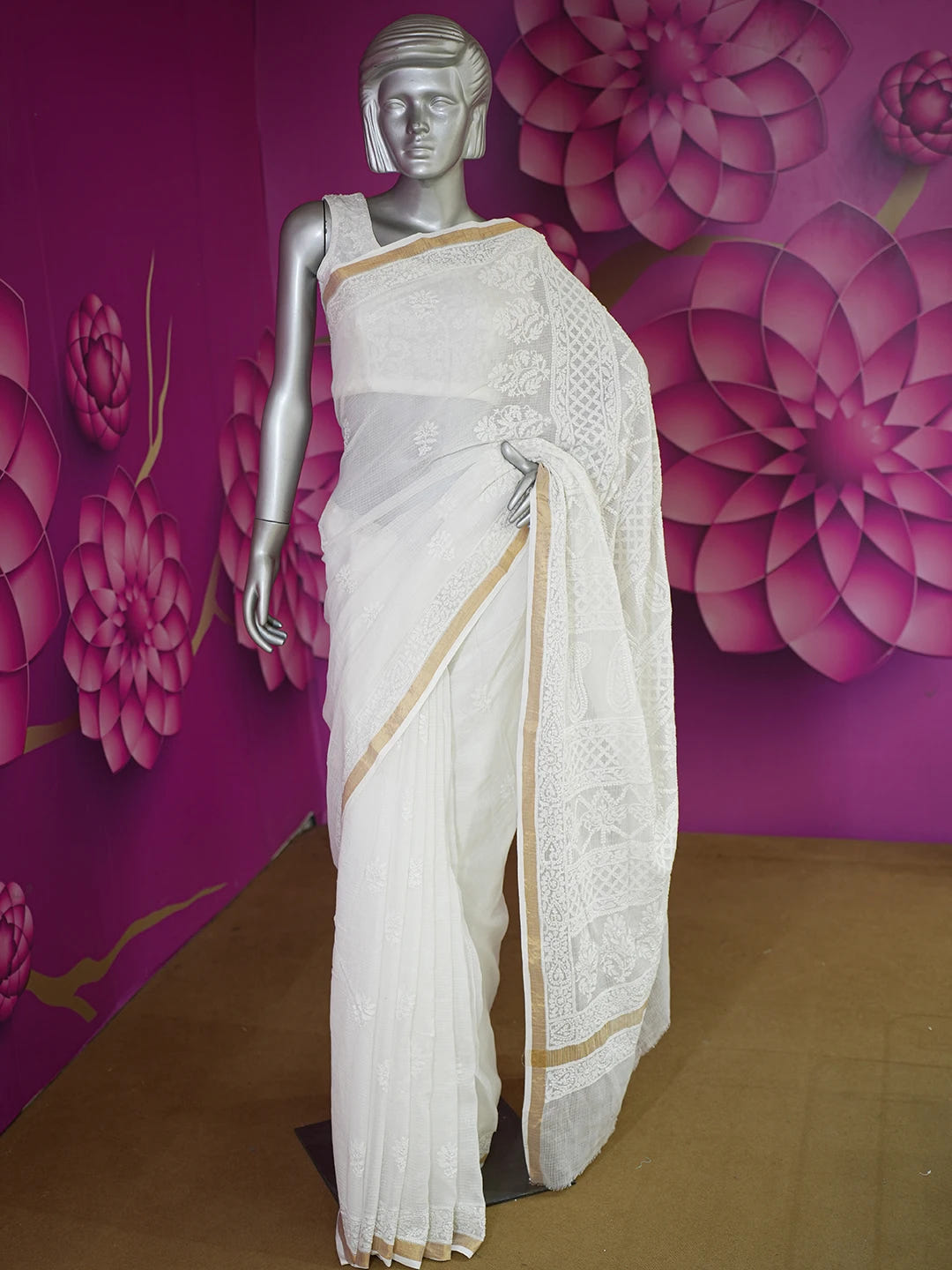 Ada Hand Embroidered White Kota Lucknowi Chikankari Saree With Blouse 01A608093