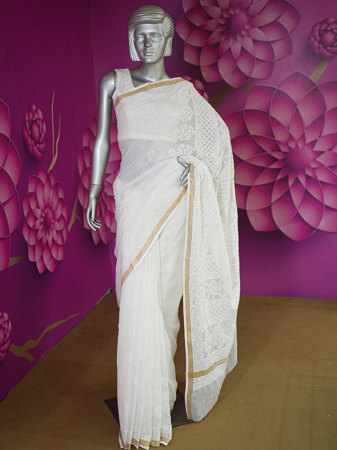 Ada Hand Embroidered White Kota Lucknowi Chikankari Saree With Blouse 01A608093