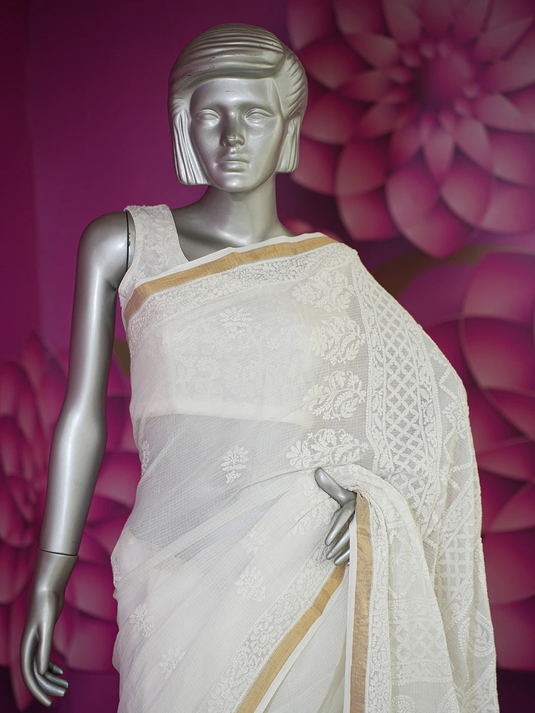 Ada Hand Embroidered White Kota Lucknowi Chikankari Saree With Blouse 01A608093