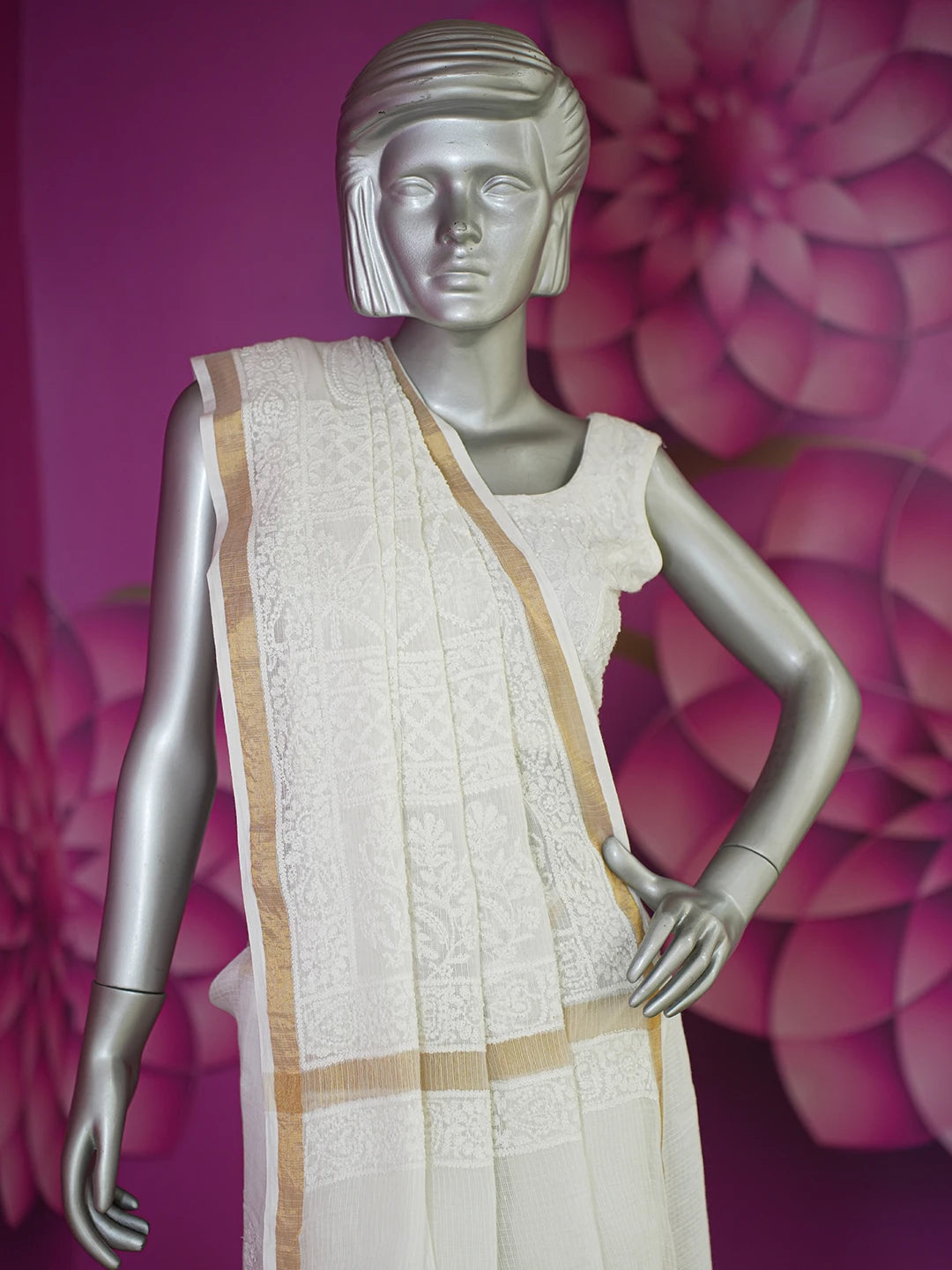 Ada Hand Embroidered White Kota Lucknowi Chikankari Saree With Blouse 01A608093