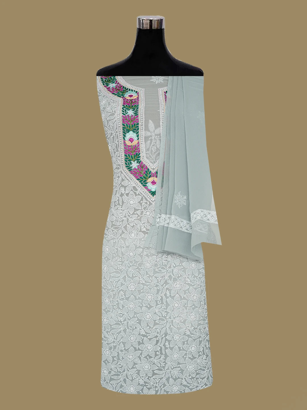 Ada Hand Embroidered Grey Georgette Lucknowi Chikankari Unstitched Suit Piece With Parsi Work 01A593735