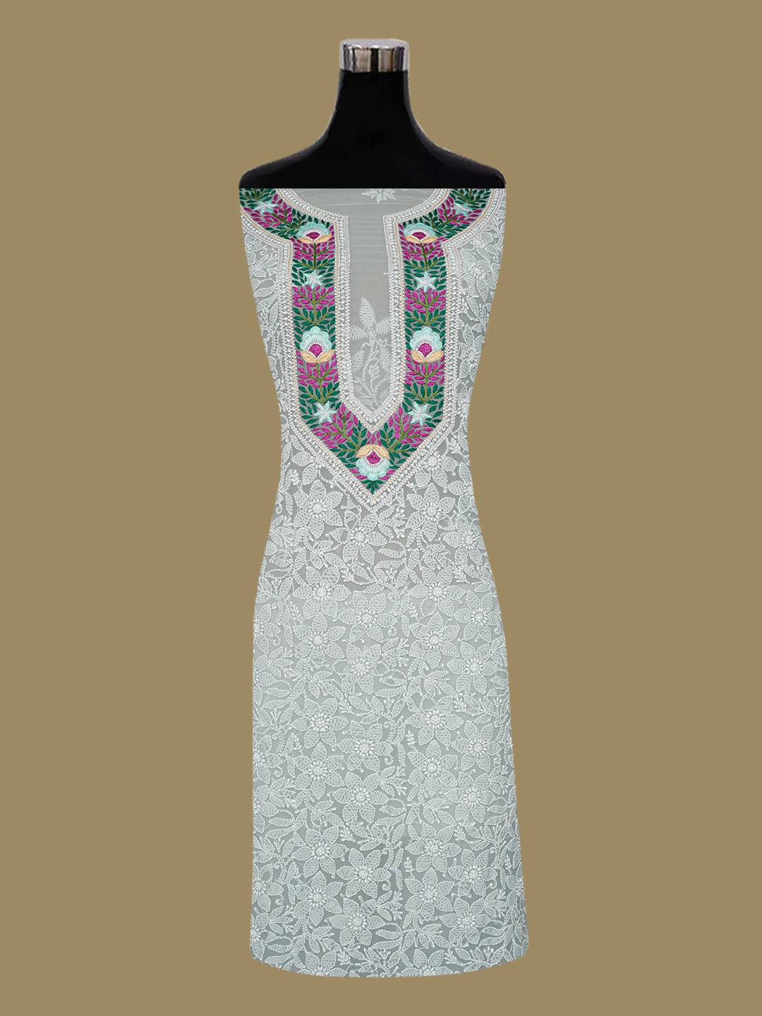 Ada Hand Embroidered Grey Georgette Lucknowi Chikankari Unstitched Suit Piece With Parsi Work 01A593735