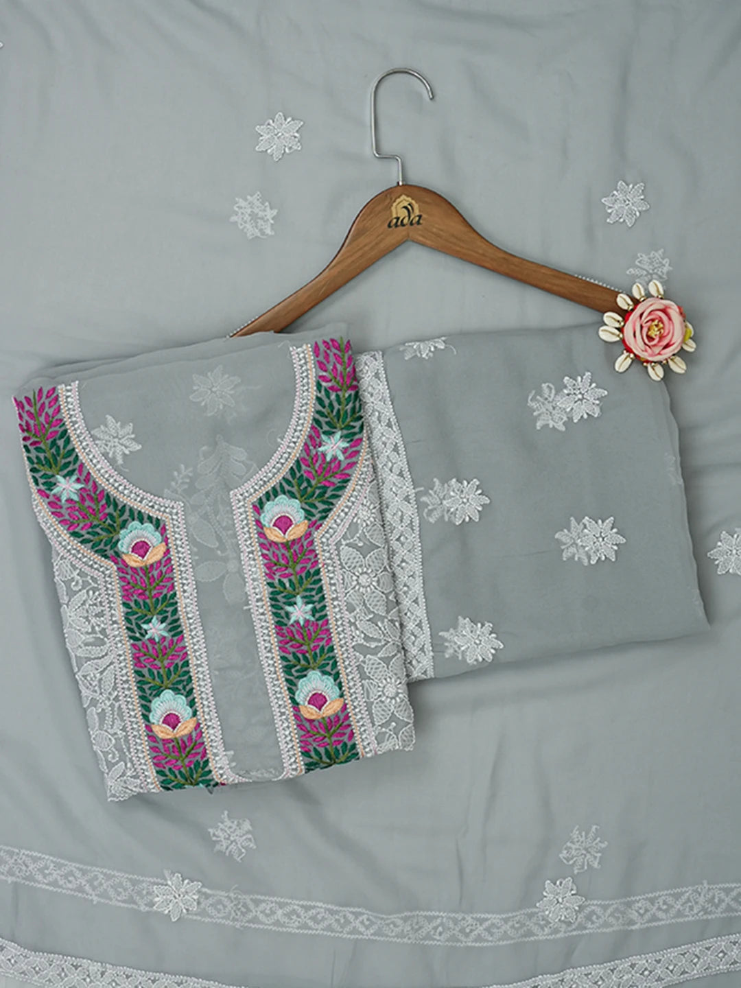 Ada Hand Embroidered Grey Georgette Lucknowi Chikankari Unstitched Suit Piece With Parsi Work 01A593735