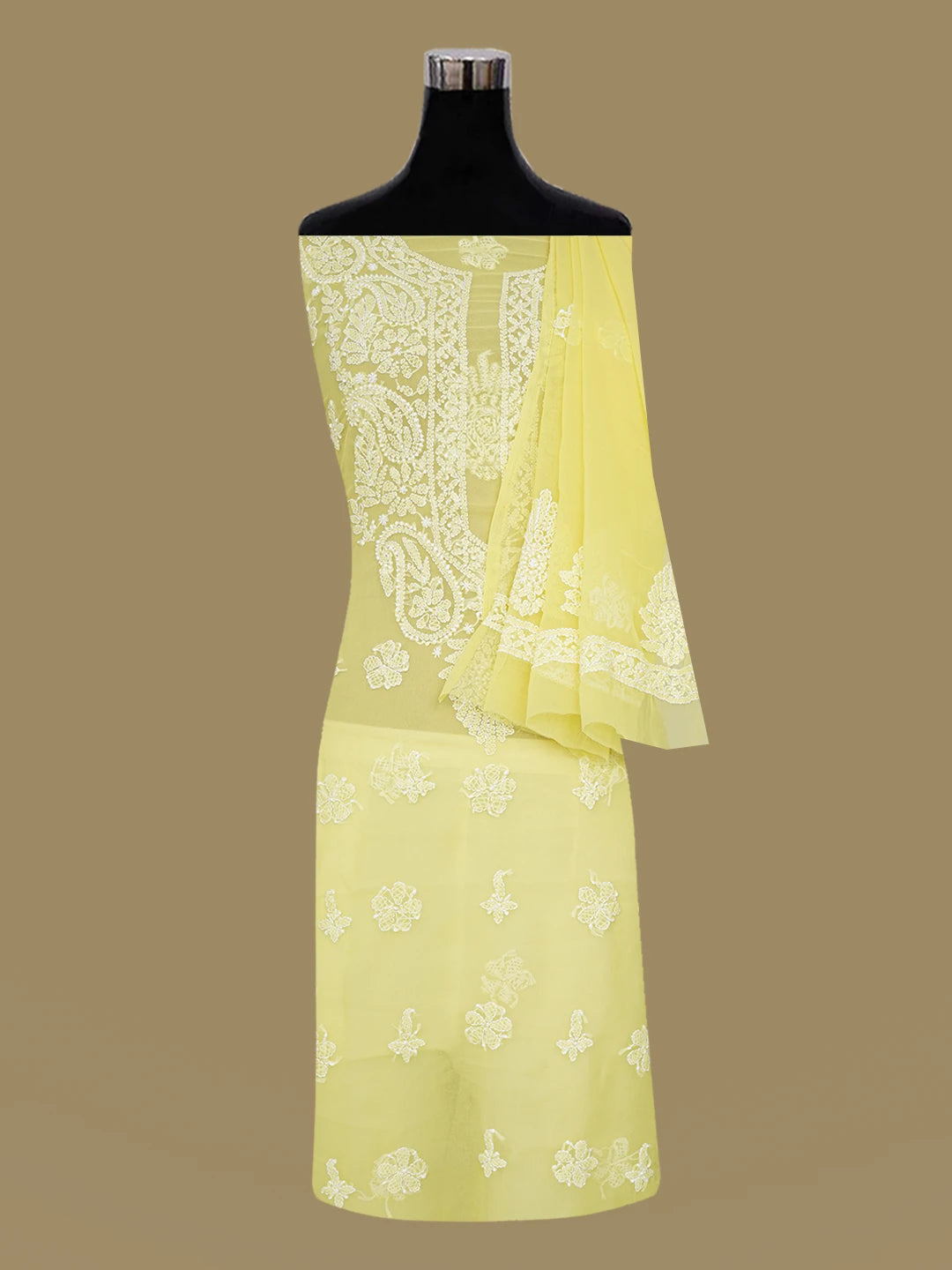 Ada Hand Embroidered Yellow Georgette Lucknowi Chikankari Unstitched Suit Piece 01A643918