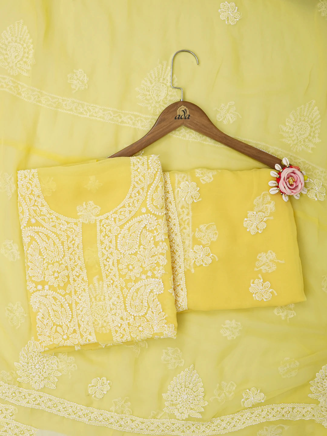 Ada Hand Embroidered Yellow Georgette Lucknowi Chikankari Unstitched Suit Piece 01A643918